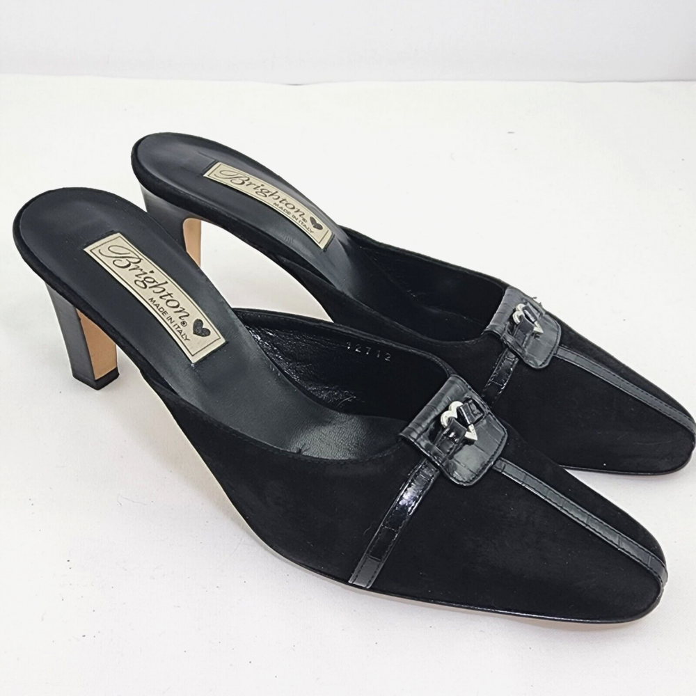 BRIGHTON WANDA WOMEN 8.5 M SILVER HEART BLACK SUEDE/PATENT LEATHER MULES/HEELS